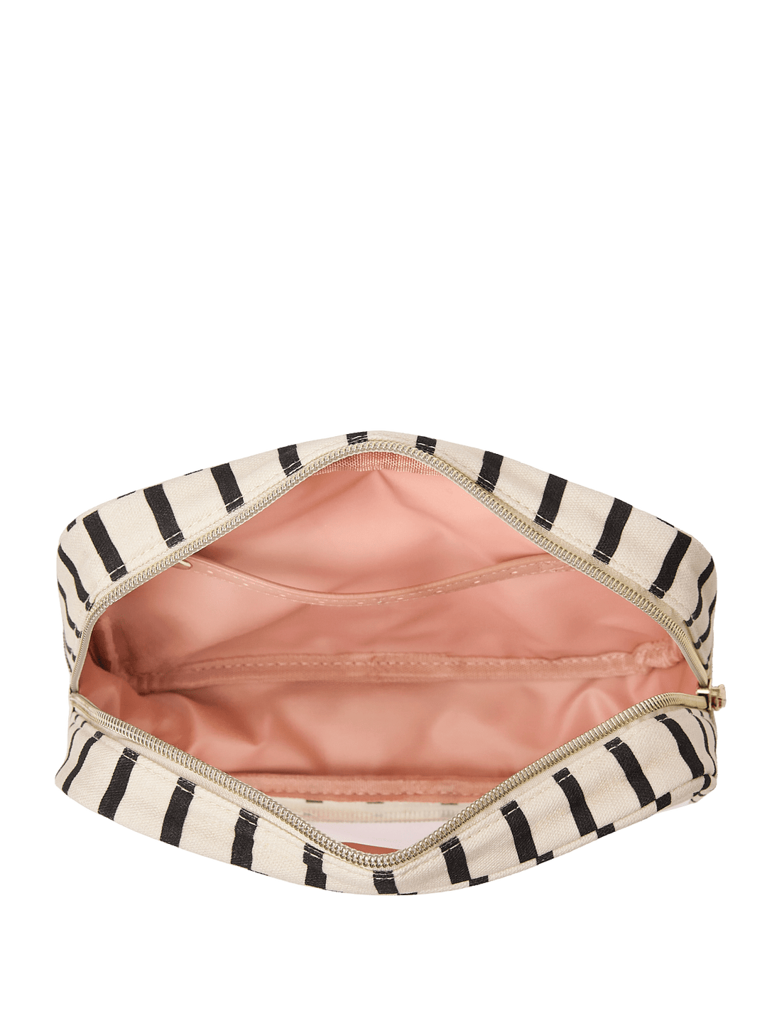 Open striped makeup bag with pink interior