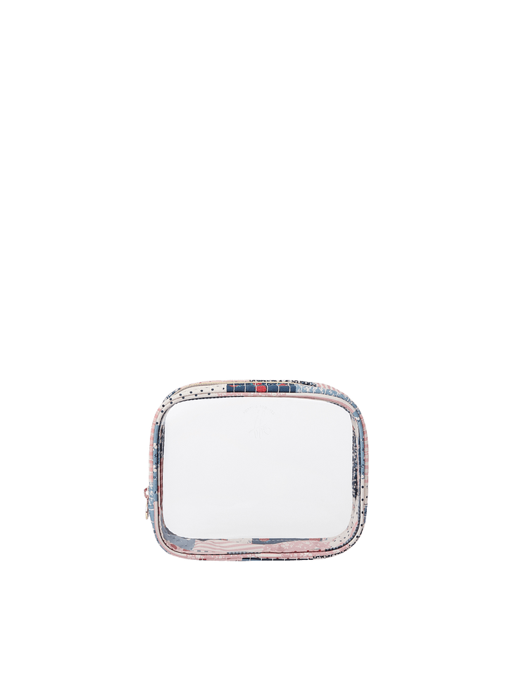 Poppy & Peonies Clearly Organized Set medium case front view, featuring a clear panel, patchwork trim and zip-around closure.