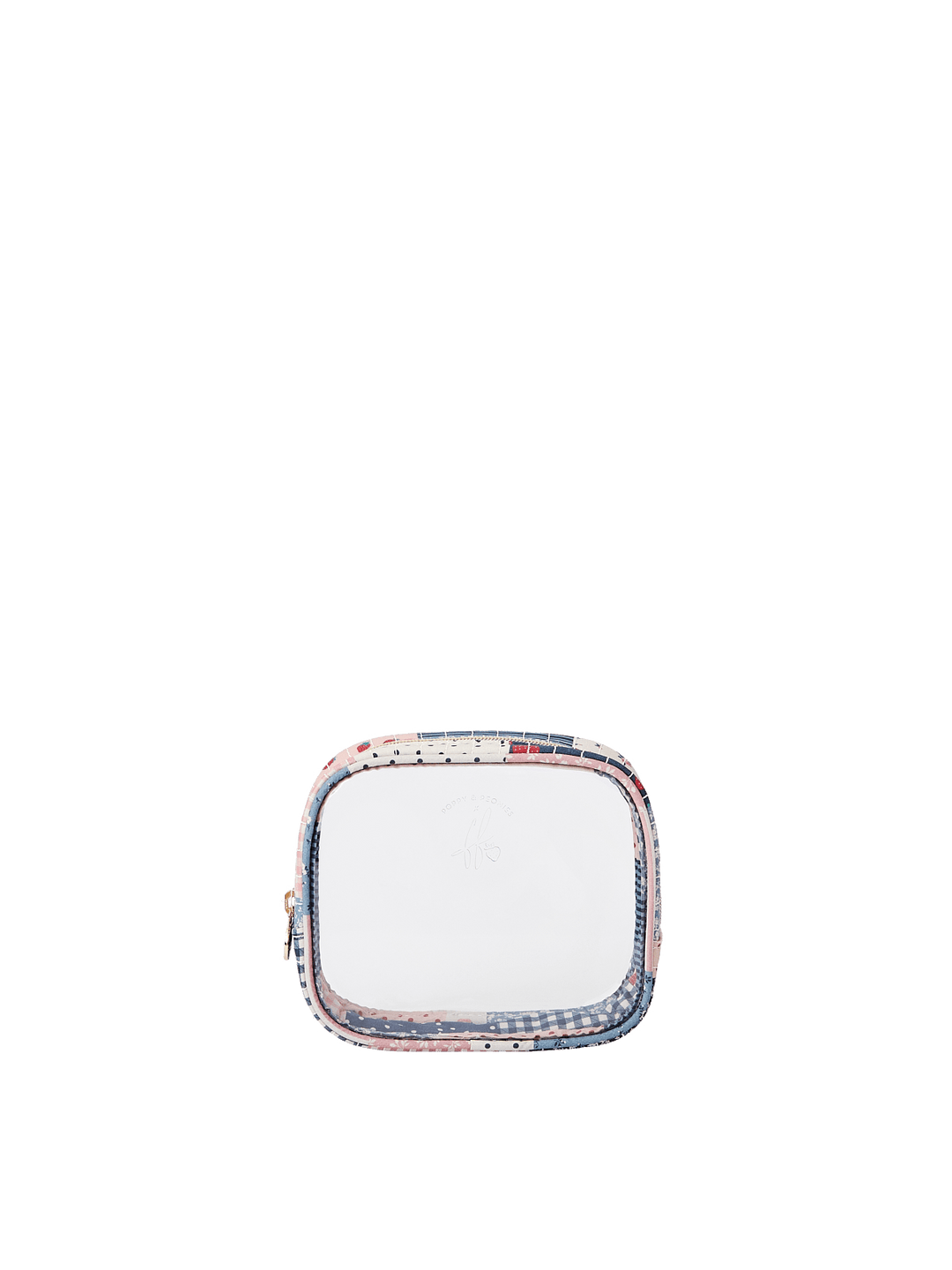 Poppy & Peonies Clearly Organized Set small case front view, featuring a clear panel, patchwork trim and zip-around closure.