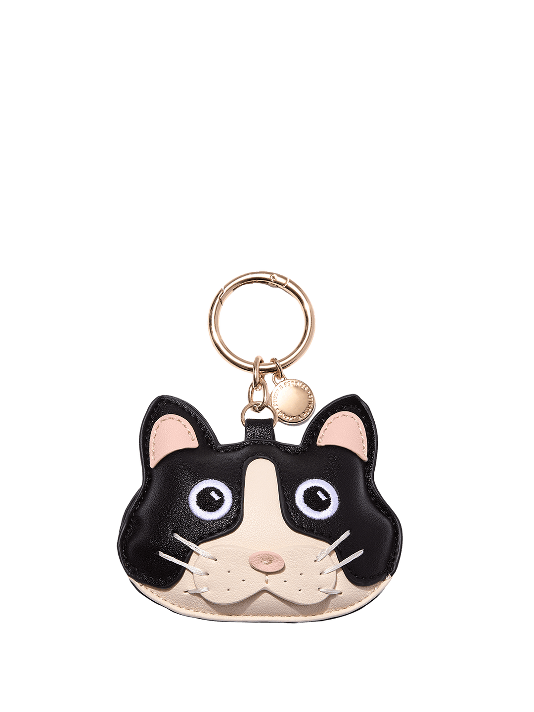 Poppy & Peonies Cat Bag Charm, featuring a playful black and white cat design with a gold-tone key ring and hardware.