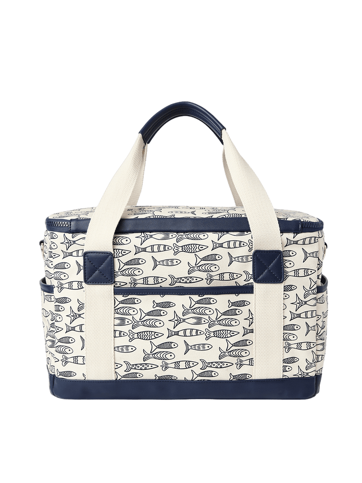 Cooler bag with sardine pattern and navy accents