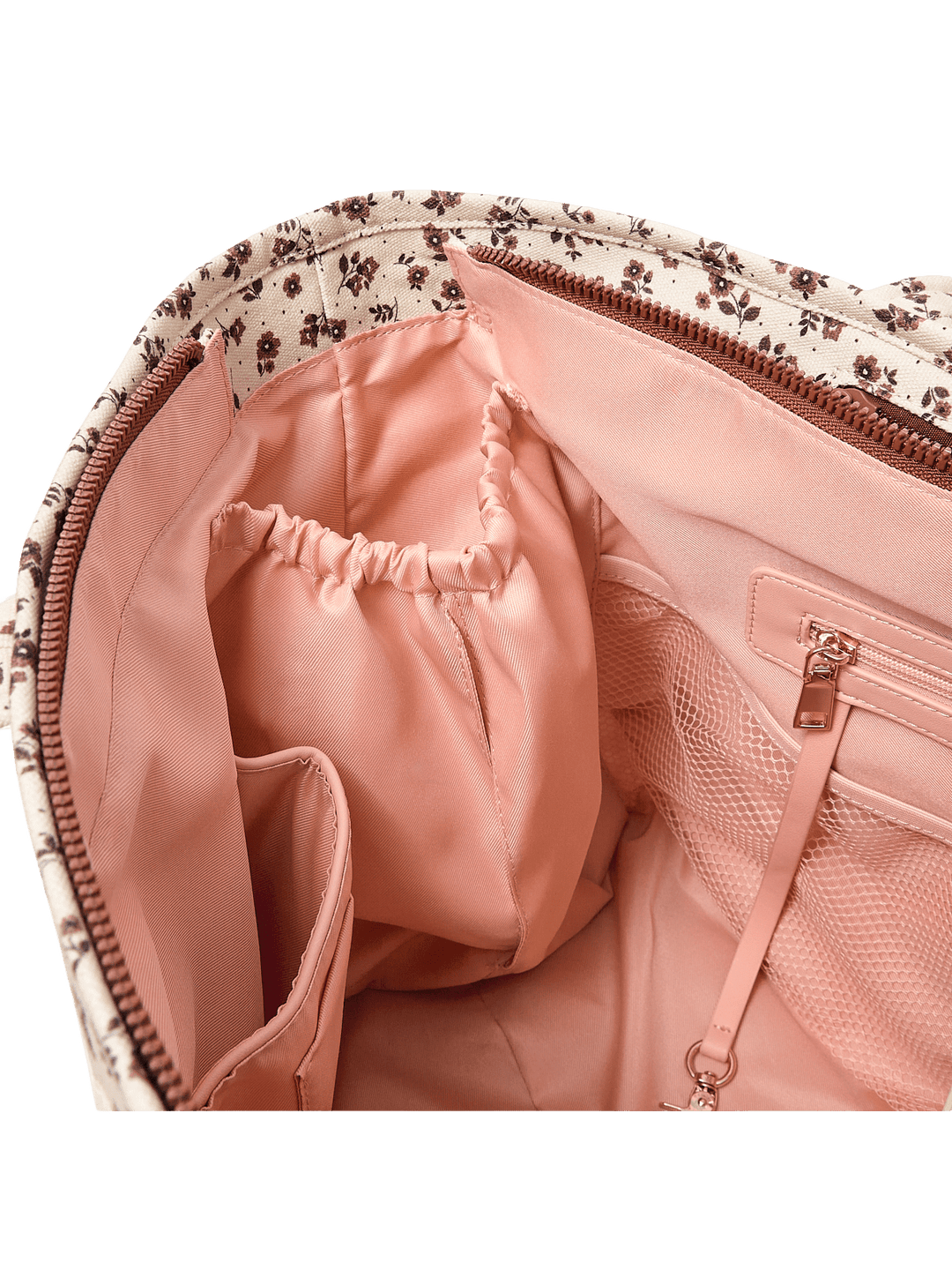 Close-up of an interior cup holder inside a floral print tote bag