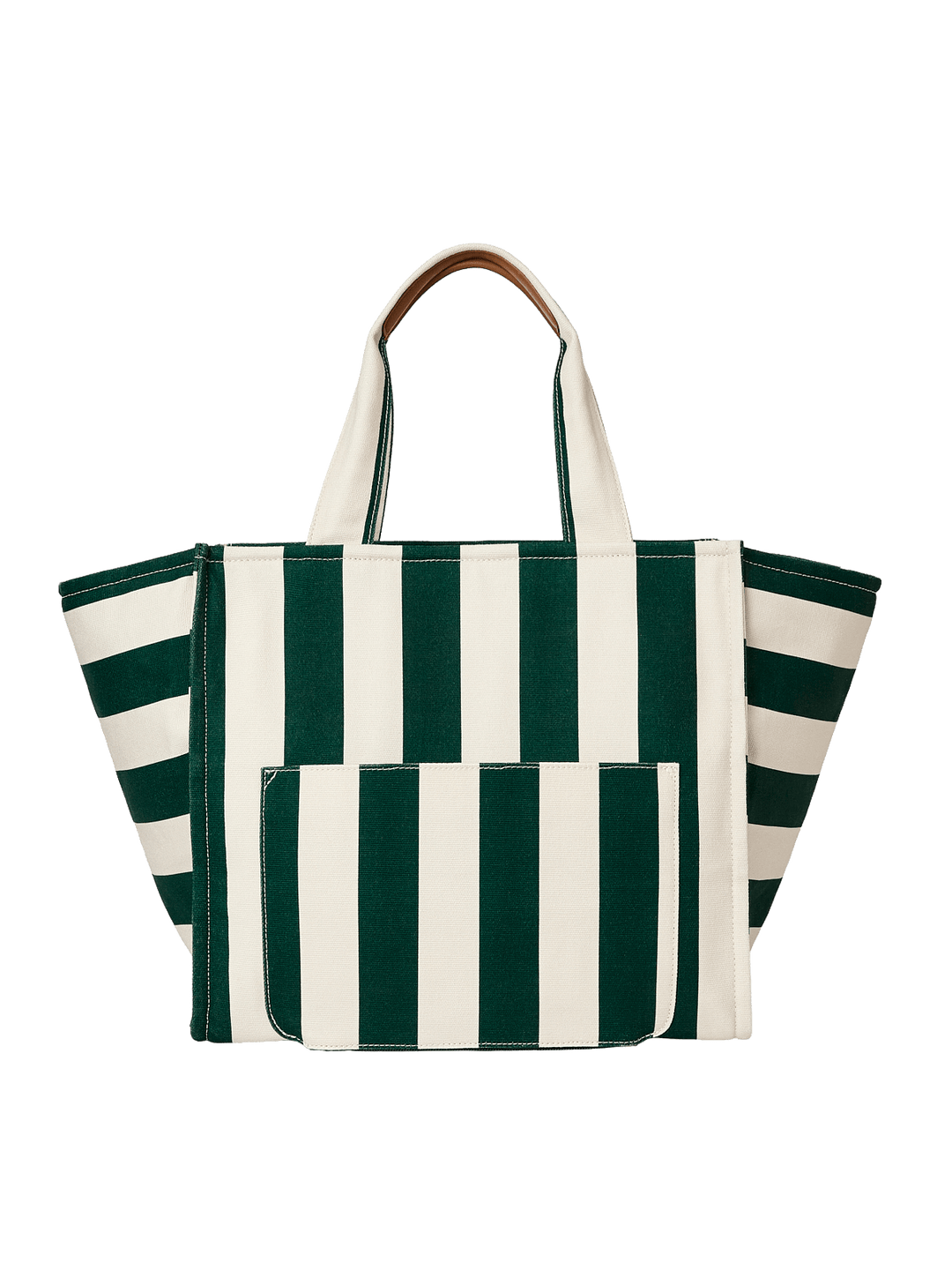 Green and white striped tote bag with a brown handle 