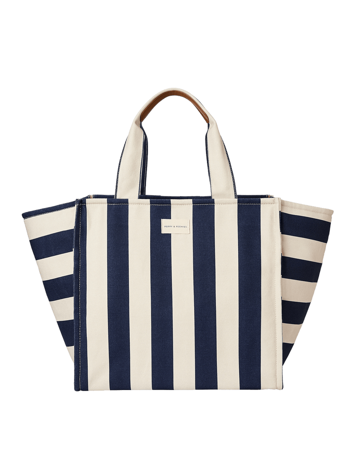 Navy and white striped tote bag