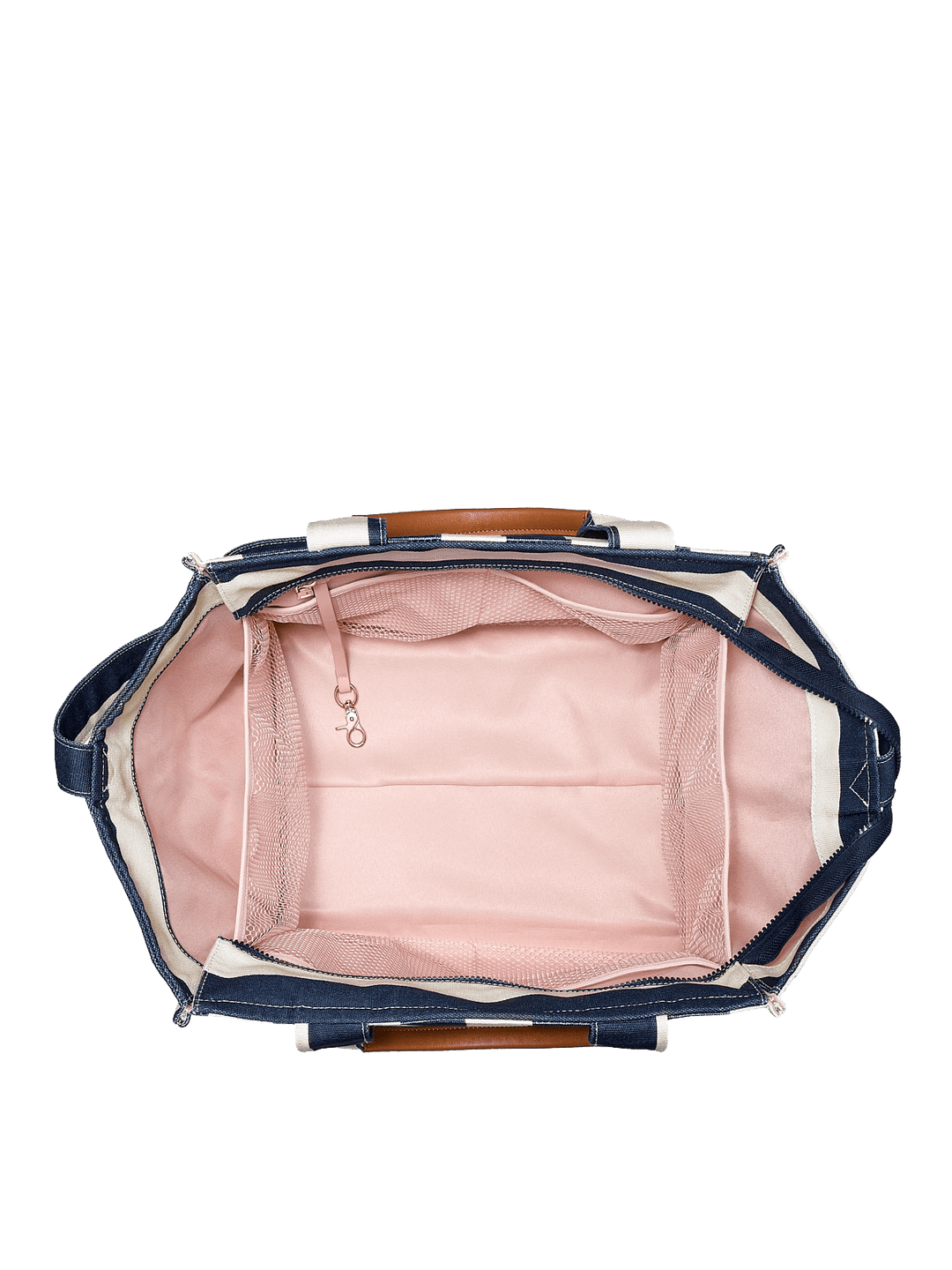 Open tote bag with mesh pockets and a key leash
