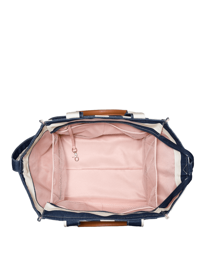 Open tote bag with mesh pockets and a key leash