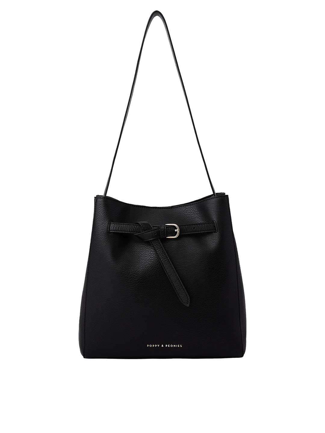 Poppy and Peonies The Knot Shoulder Bag Black featuring a structured silhouette with textured black material, a long shoulder strap, adjustable front buckle detail, gold-tone hardware, and subtle branding near the base.
