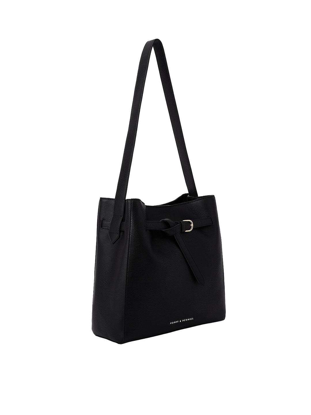 Poppy & Peonies The Knot Shoulder Bag in Black, shown from a three-quarter angle highlighting its structured silhouette, decorative belted buckle, gold-tone hardware, and long shoulder strap.