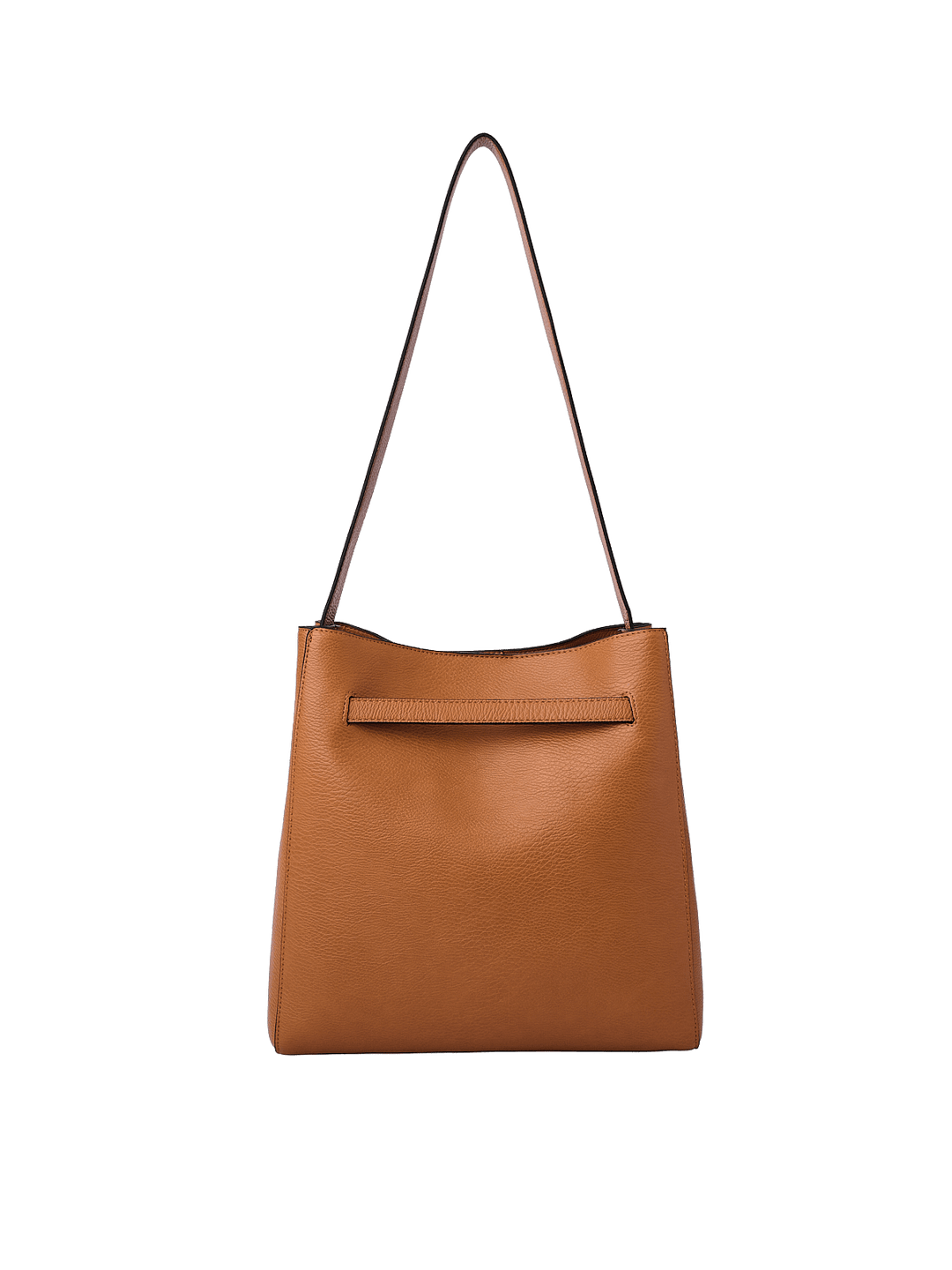 Poppy & Peonies The Knot Shoulder Bag in Cognac, featuring a warm cognac brown pebbled exterior, long shoulder strap, and a horizontal seam detail near the top.