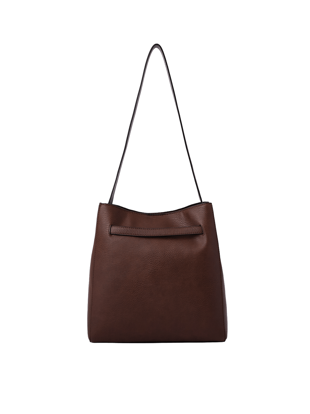 Poppy & Peonies The Knot Shoulder Bag in Espresso, showcasing its rich brown pebbled exterior, long shoulder strap, and horizontal seam detail near the top.