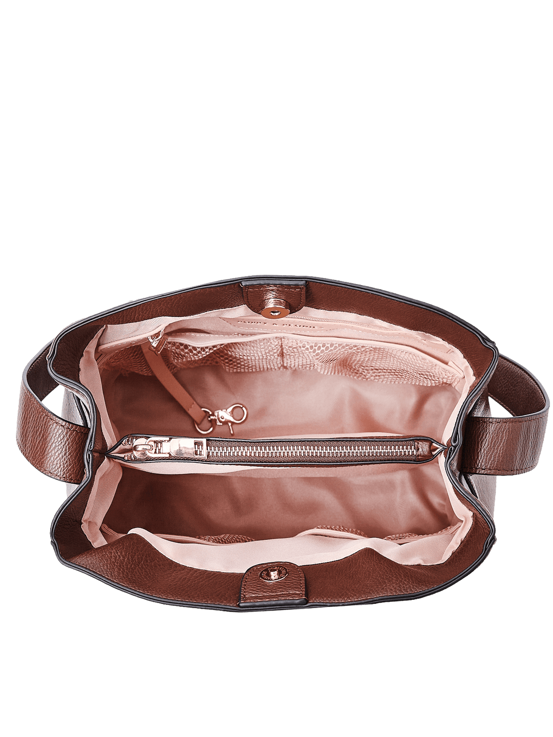Poppy & Peonies The Knot Shoulder Bag in Espresso, shown open from above with blush pink lining, a central zippered divider, interior organizer pockets, and gold-tone hardware.