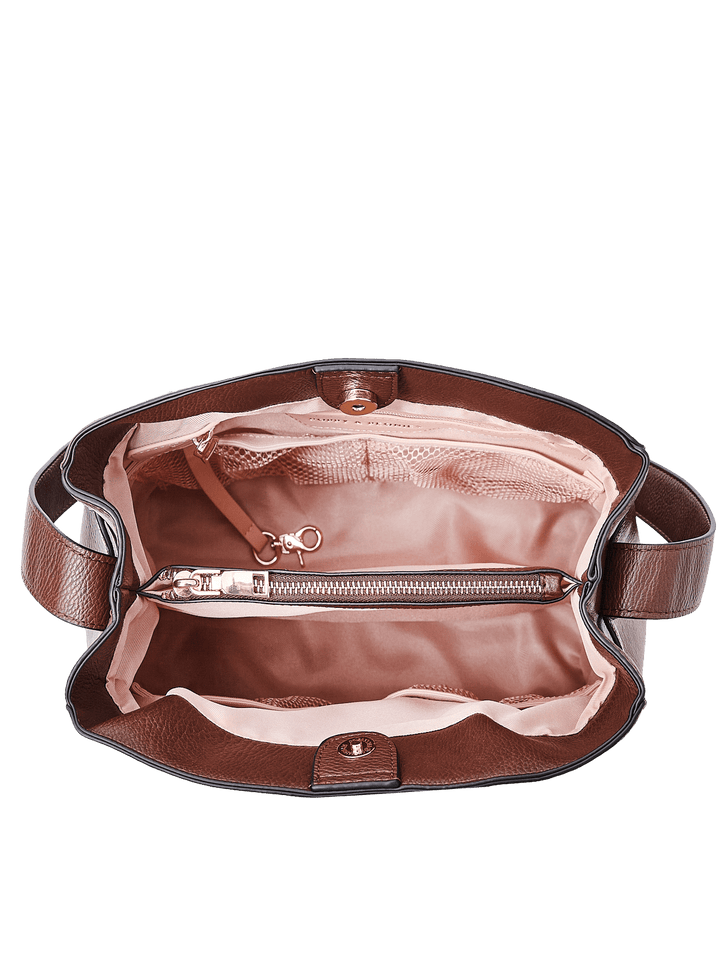 Poppy & Peonies The Knot Shoulder Bag in Espresso, shown open from above with blush pink lining, a central zippered divider, interior organizer pockets, and gold-tone hardware.