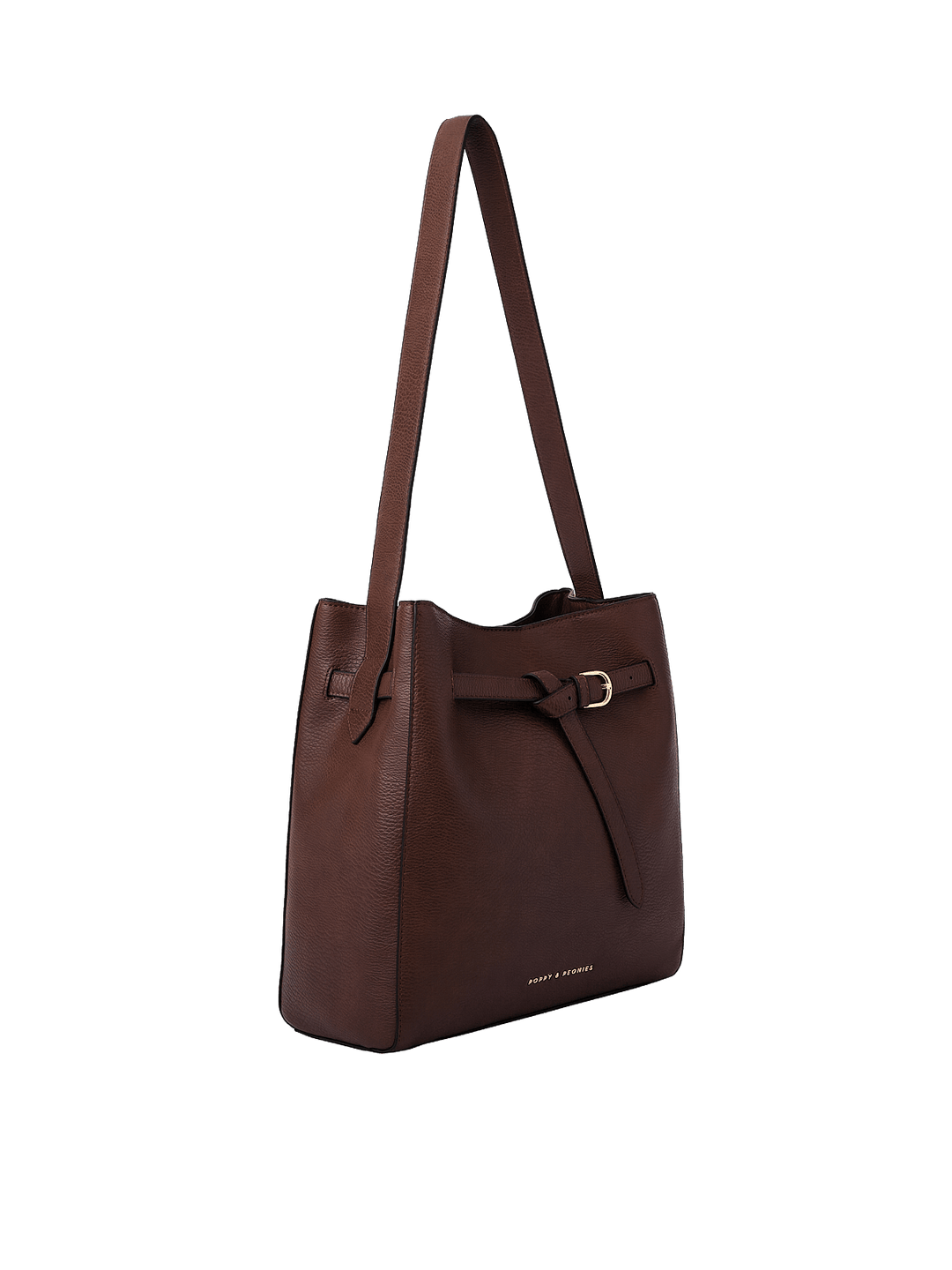 Poppy & Peonies The Knot Shoulder Bag in Espresso, shown from a three-quarter angle highlighting its slim silhouette, decorative belted buckle, gold-tone hardware, and long shoulder strap.