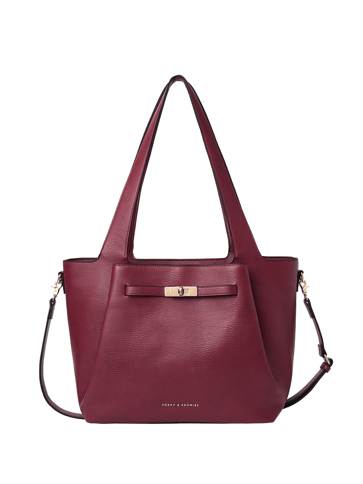 Berry coloured vegan leather tote bag with gold hardware