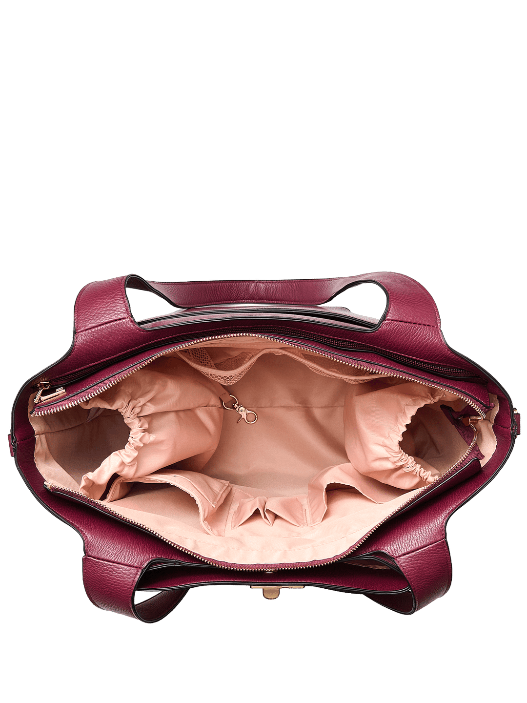 Open berry coloured handbag with pink interior on a transparent background