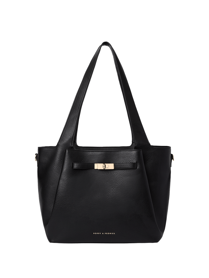 Black handbag with a gold clasp on a transparent background