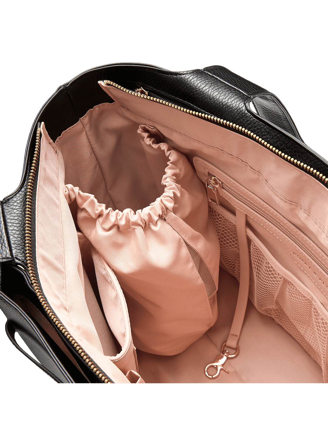 Black vegan leather handbag with a pink interior