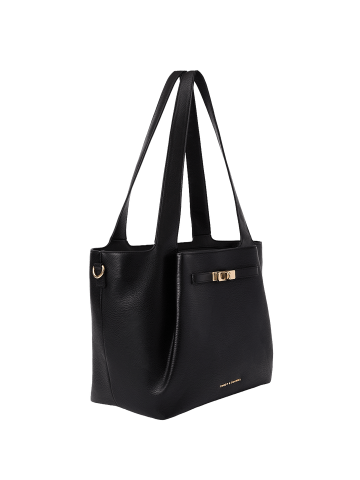 Vegan leather black handbag with gold clasp on a transparent background