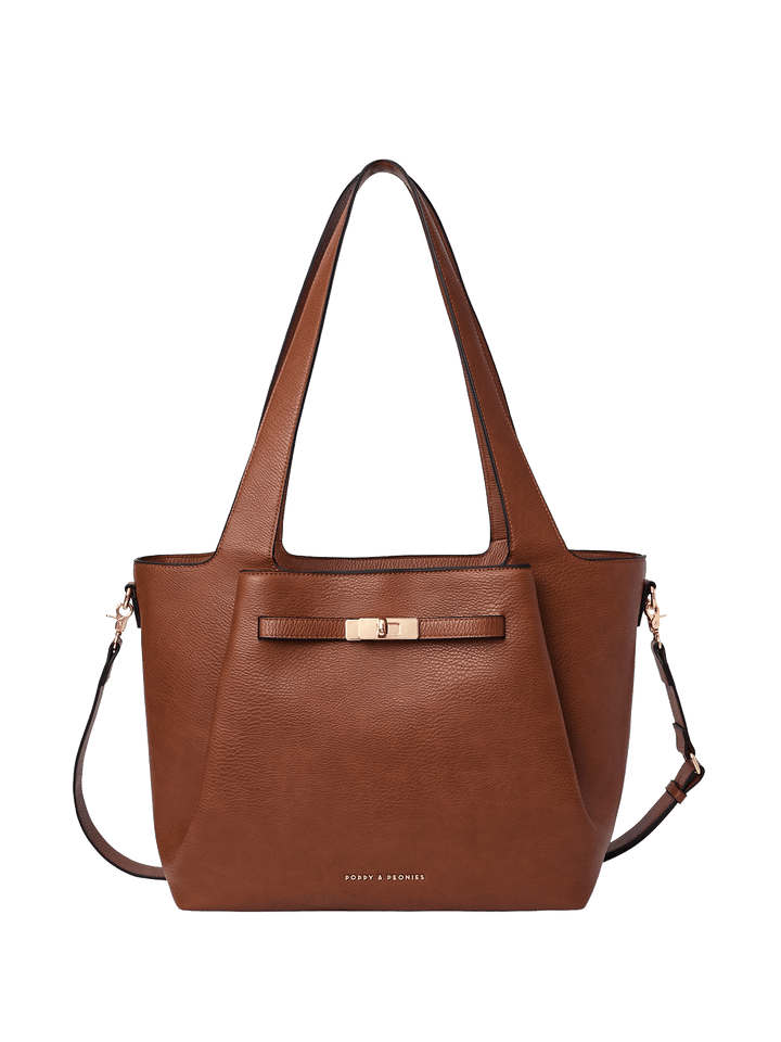 Brown vegan leather tote bag with gold hardware