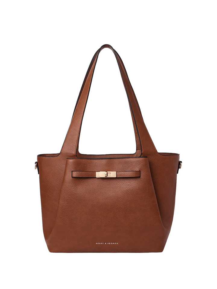 Brown vegan leather handbag with gold hardware