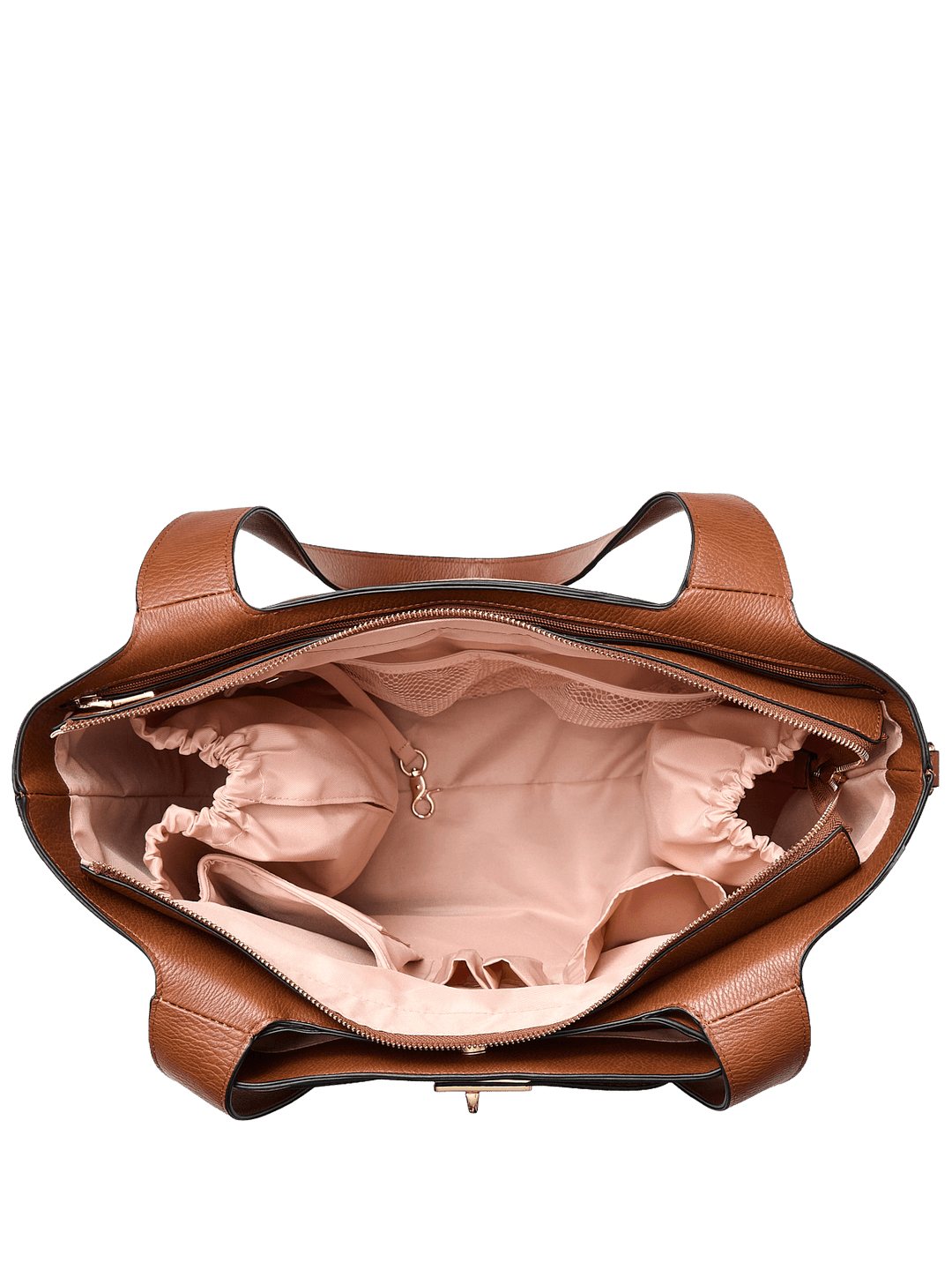 Open brown vegan leather tote bag