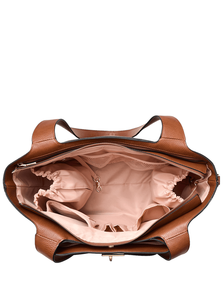 Open brown vegan leather tote bag