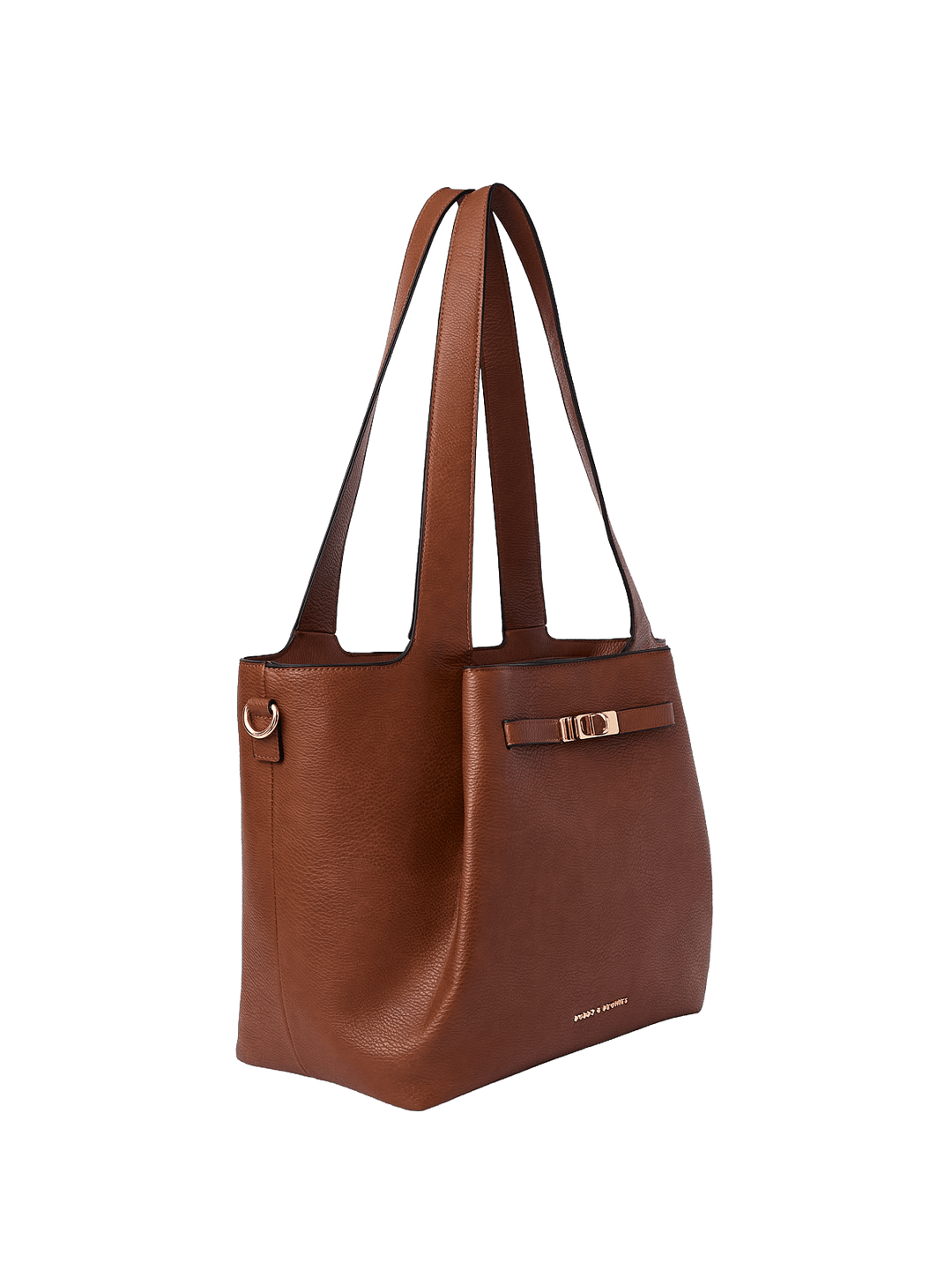 Brown vegan leather handbag with gold accents on a transparent background