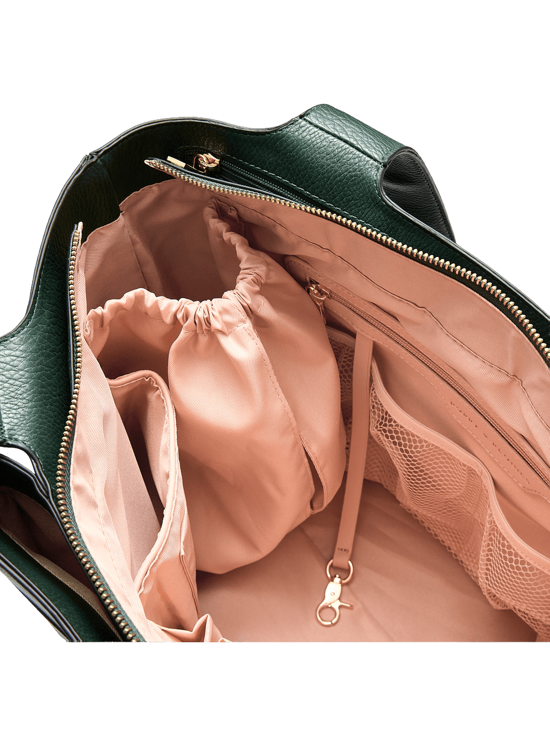 Green handbag with pink interior
