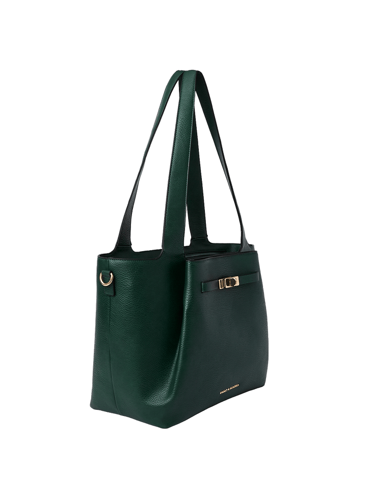 Green handbag with gold clasp on a transparent background
