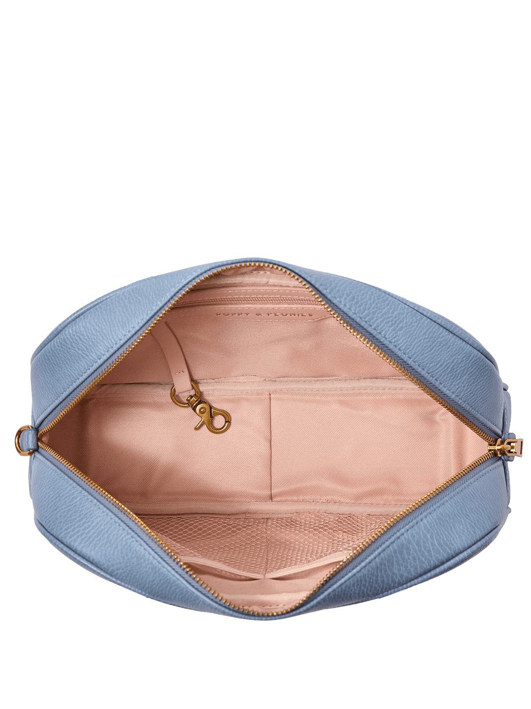 Interior of a light blue vegan leather shoulder bag