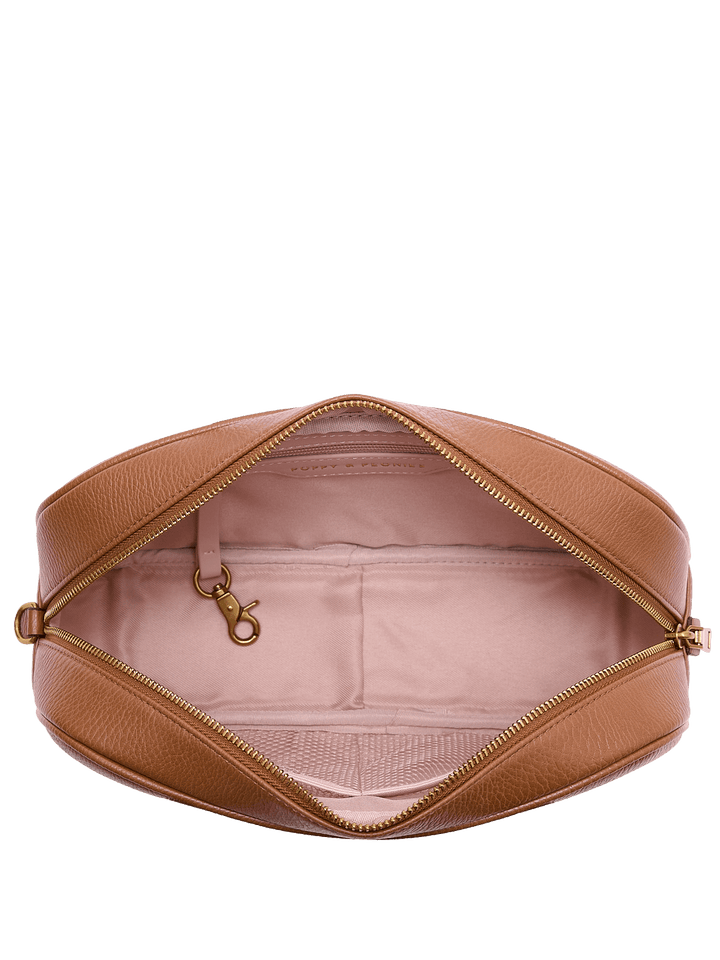 Interior of a brown vegan leather shoulder bag