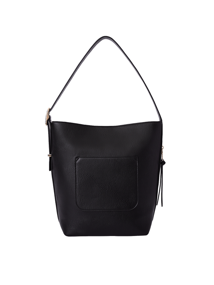 Back view of the Bucket Bag in Black with exterior patch pocket