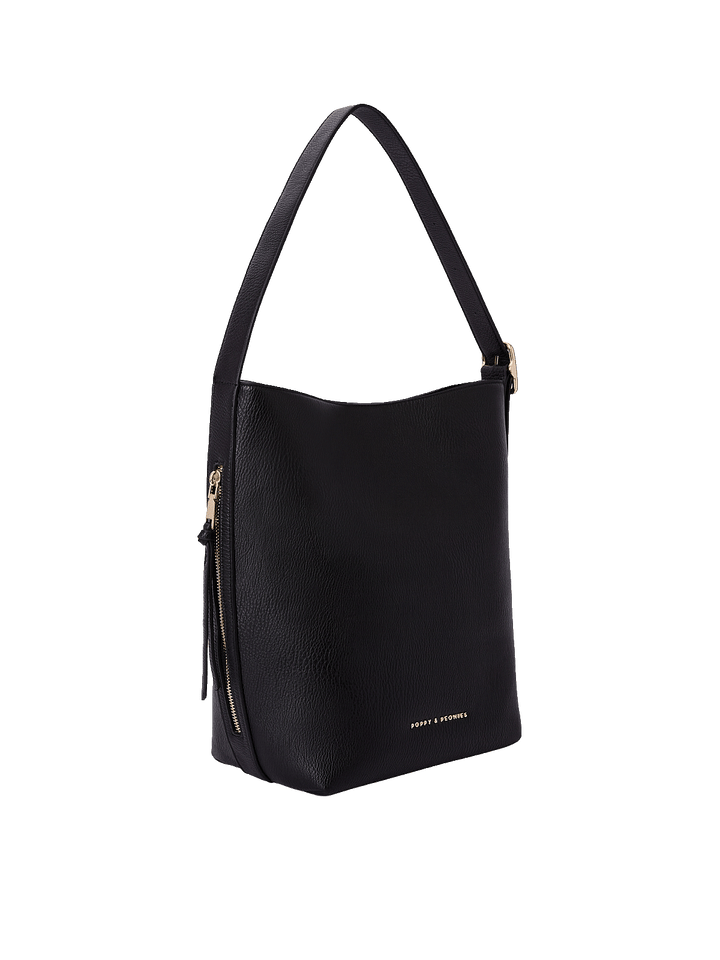Side profile of the Bucket Bag in Black showing structured silhouette