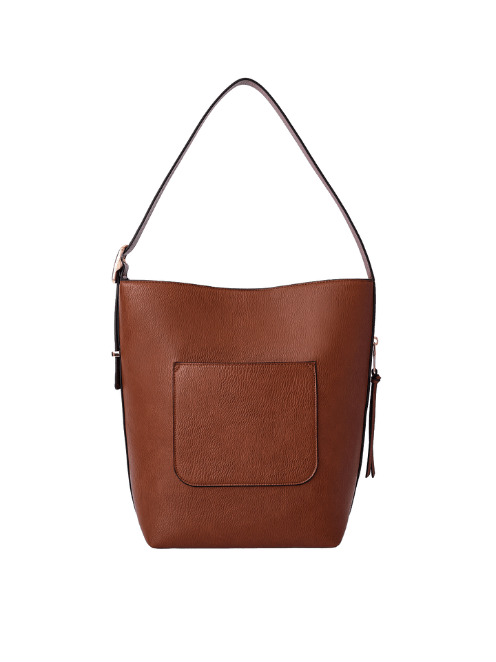 Back view of the Bucket Bag in Chestnut with exterior patch pocket