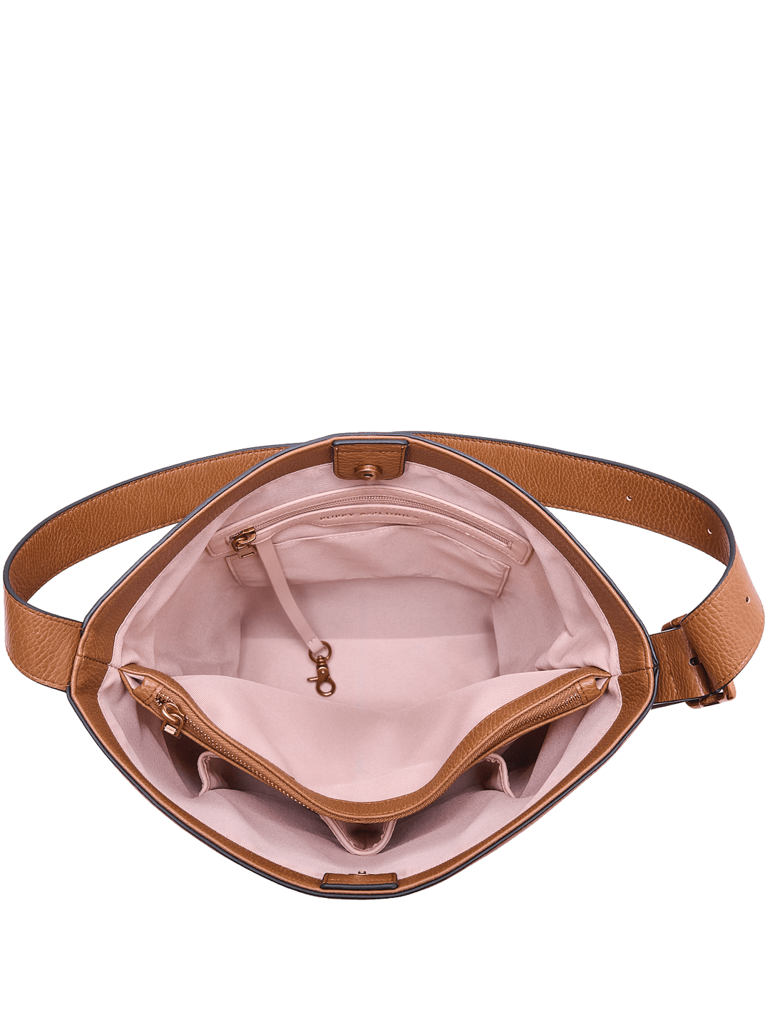 Open brown vegan leather bucket bag with pink interior