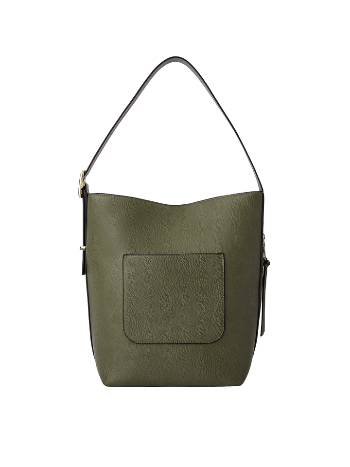 Back view of the Bucket Bag in Olive with exterior patch pocket