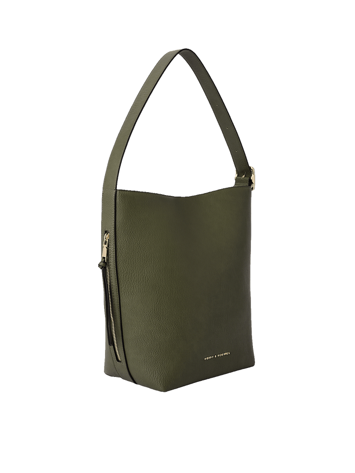 Side profile of the Bucket Bag in Olive showing structured silhouette