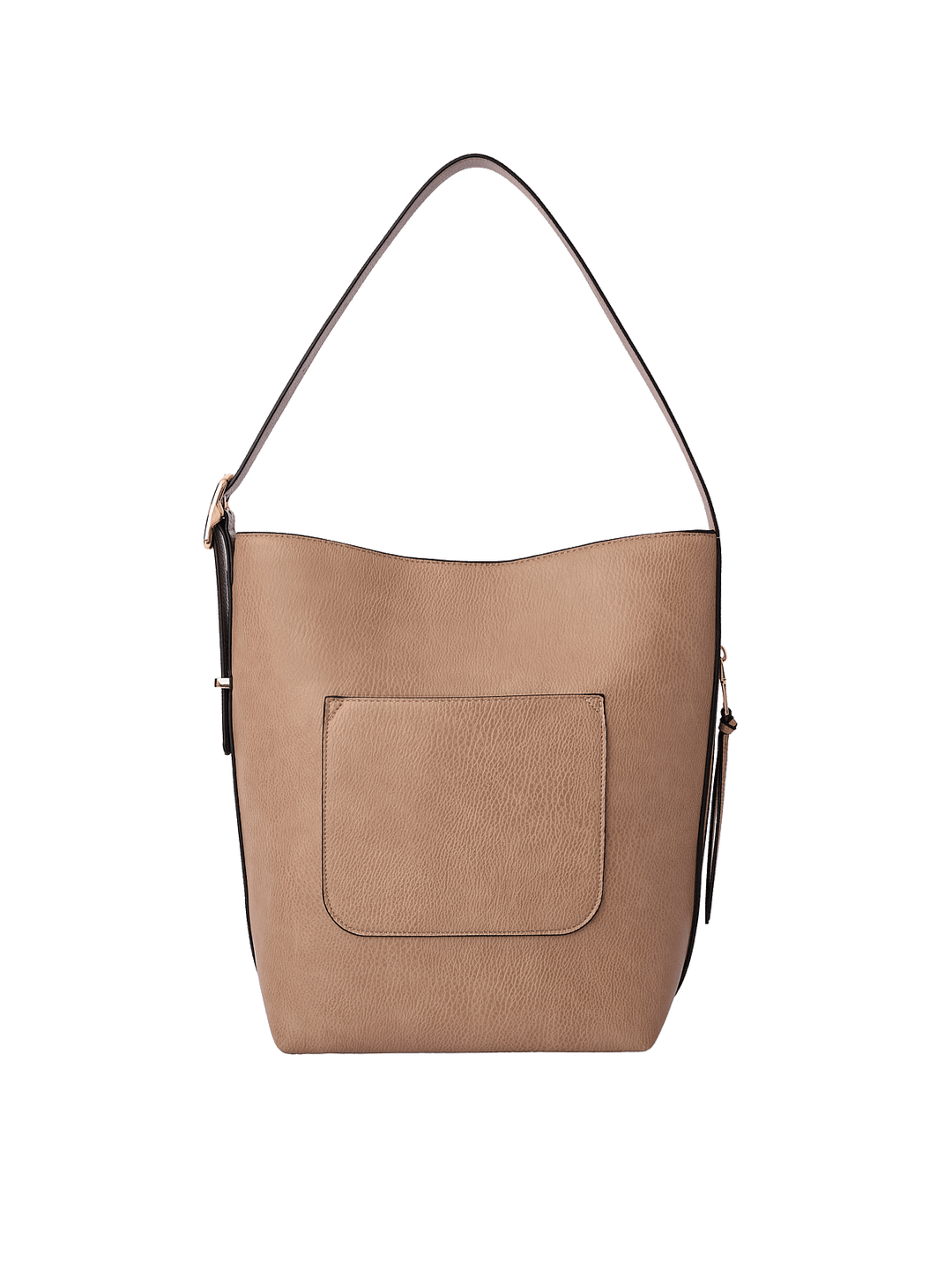 Back view of the Bucket Bag in Taupe with exterior patch pocket