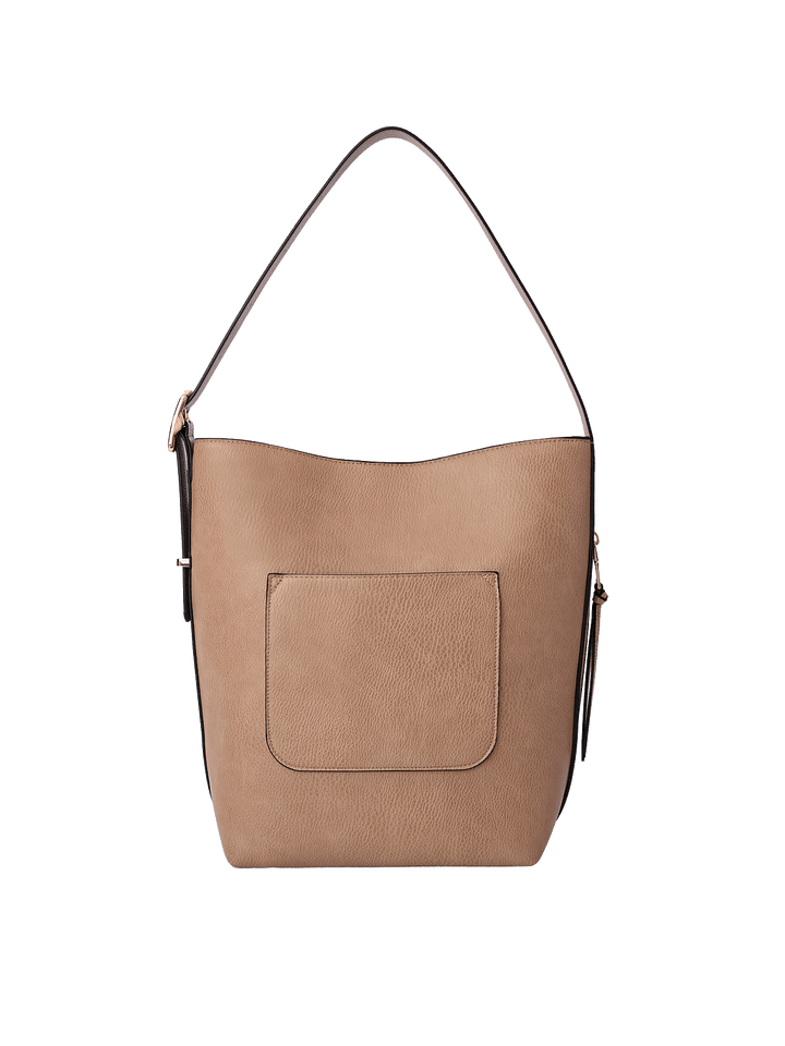 Back view of the Bucket Bag in Taupe with exterior patch pocket