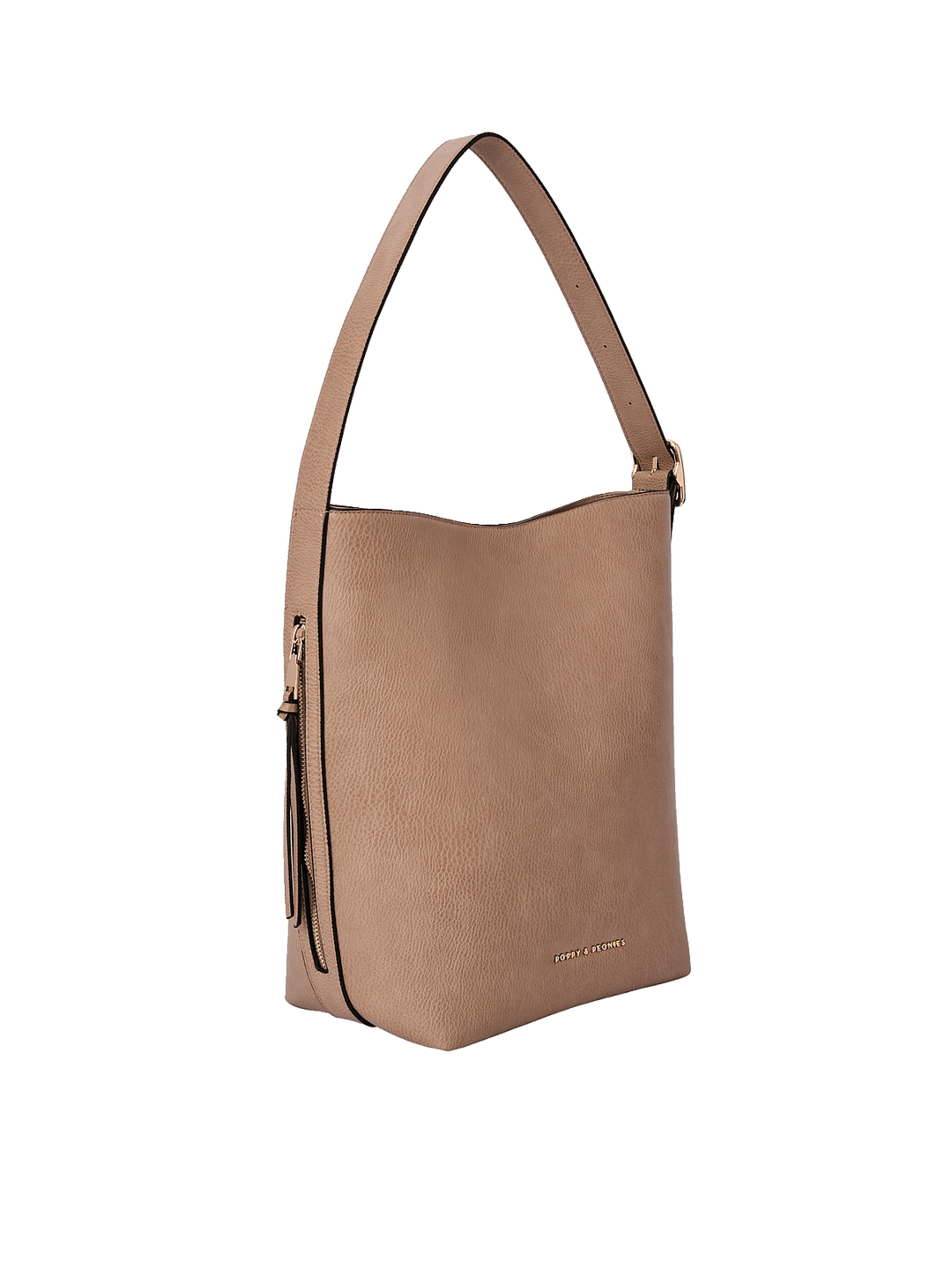 Side profile of the Bucket Bag in Taupe showing structured silhouette