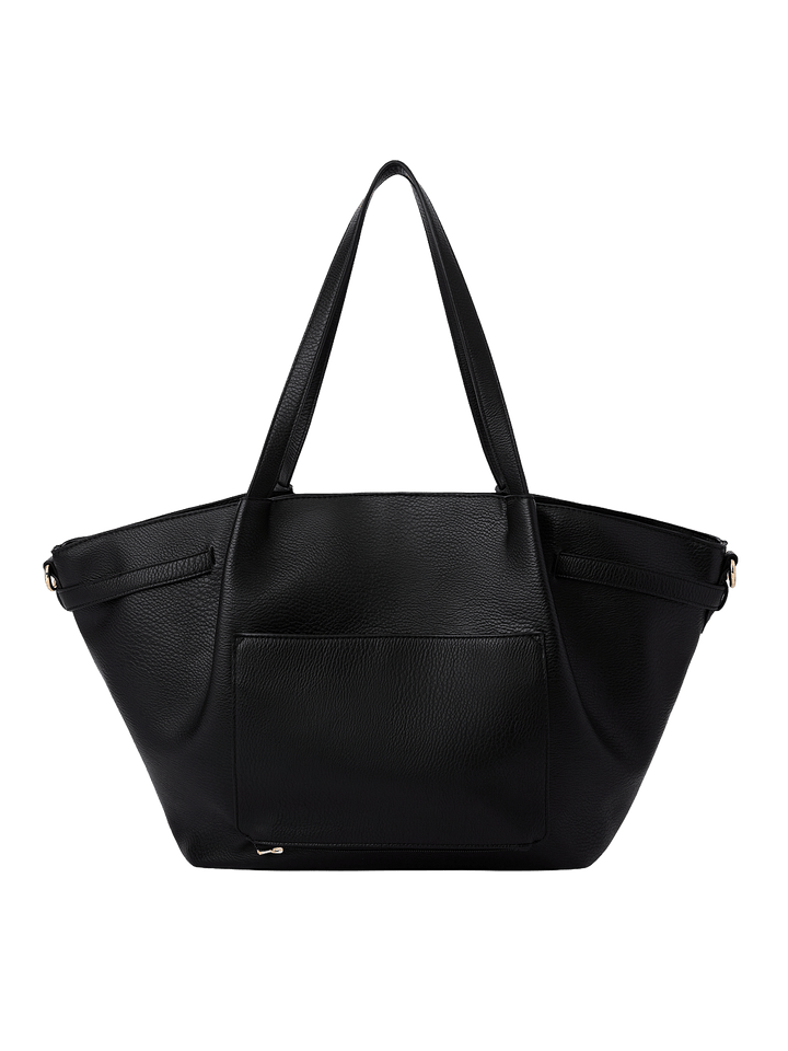 Poppy & Peonies The Knot Tote in Black, showcasing its black pebbled exterior, long shoulder handles, and large exterior back slip pocket.