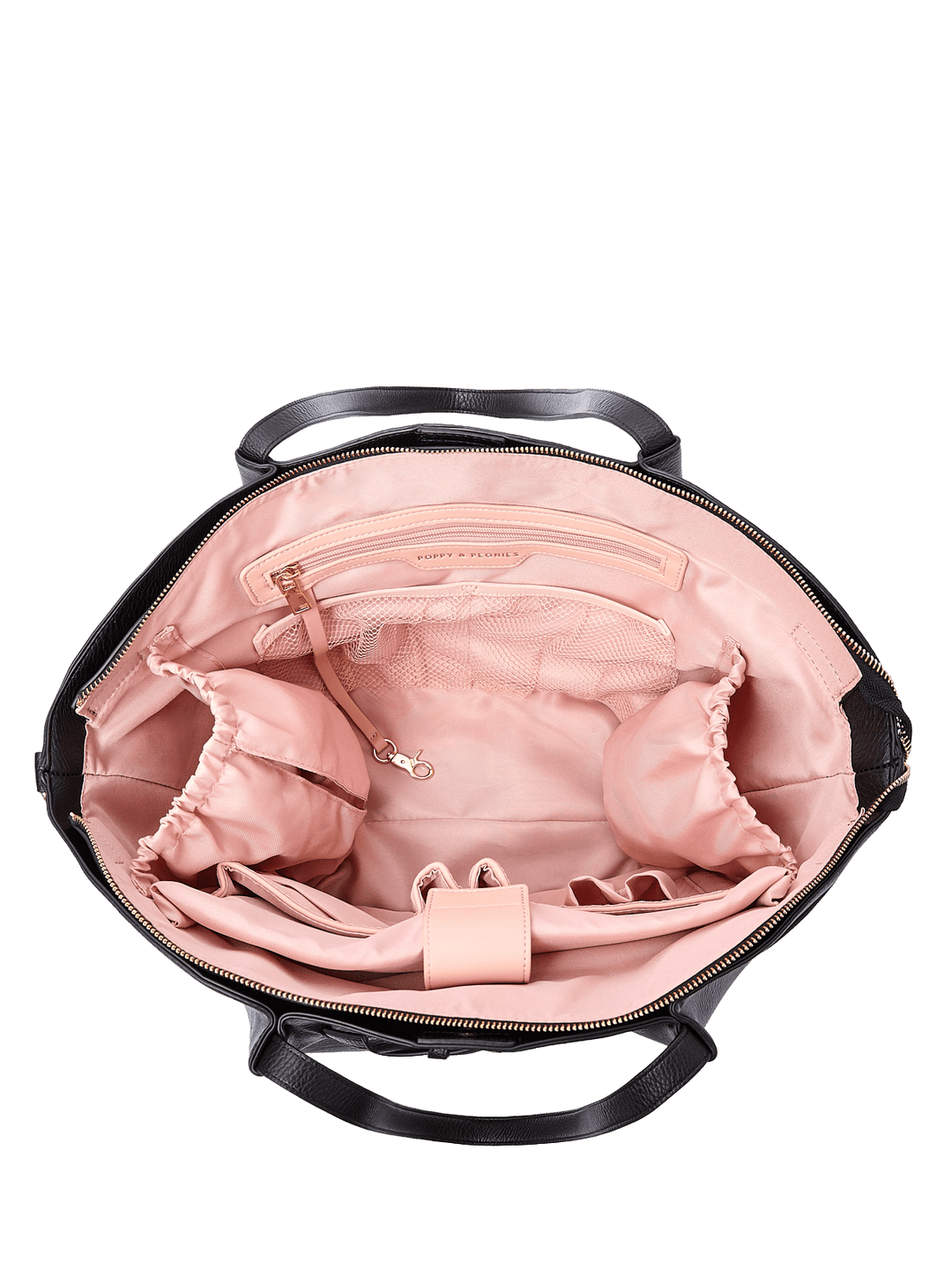 Poppy & Peonies The Knot Tote in Black, shown open from above with blush pink lining, multiple compartments, and built-in organizer pockets.