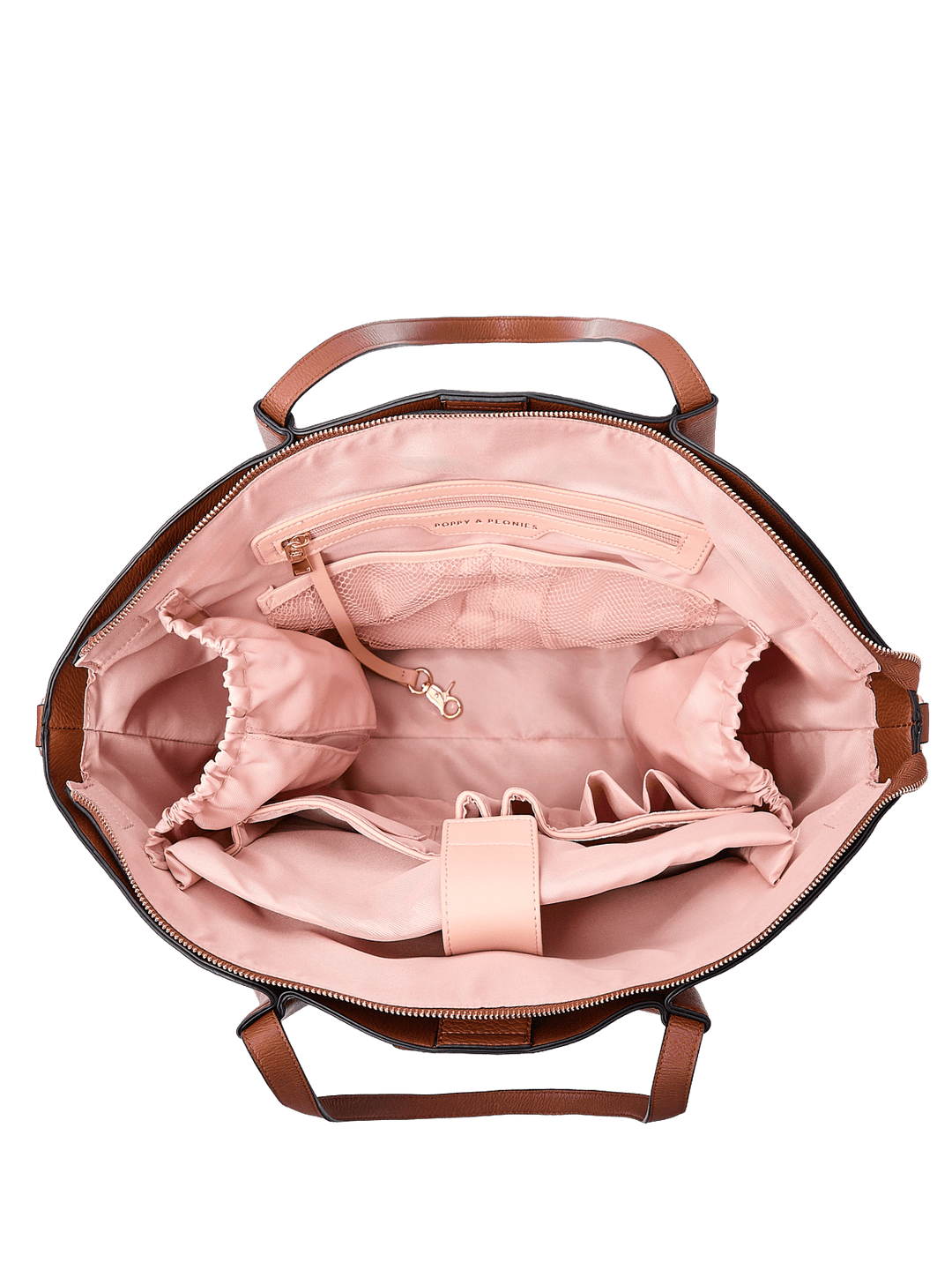 Poppy & Peonies The Knot Tote in Chestnut, shown open from above with blush pink lining, multiple compartments, and interior organizer pockets.