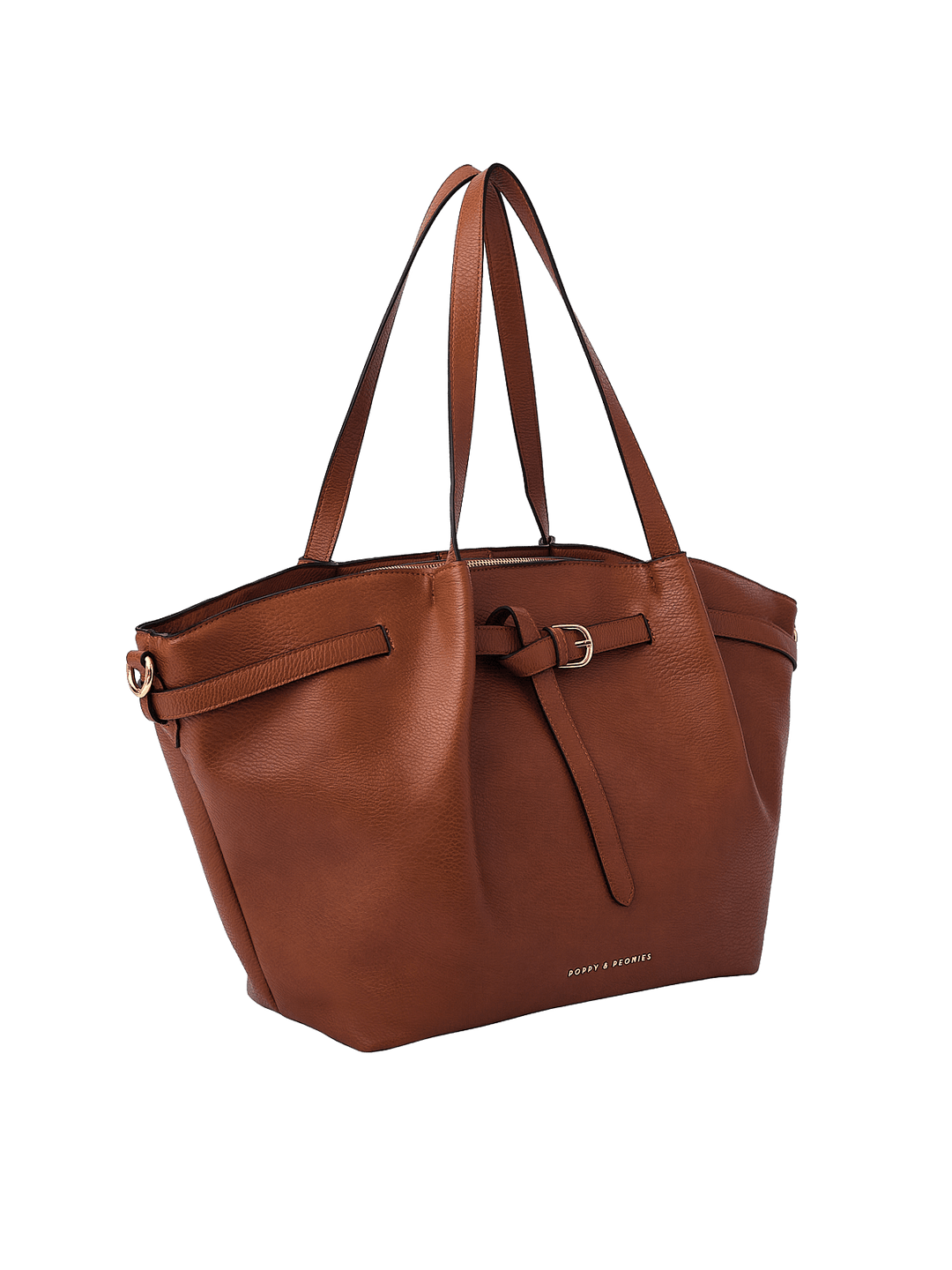 Poppy & Peonies The Knot Tote in Chestnut, shown from a three-quarter angle highlighting its spacious silhouette, decorative belted detail, long shoulder straps, and gold-tone hardware.