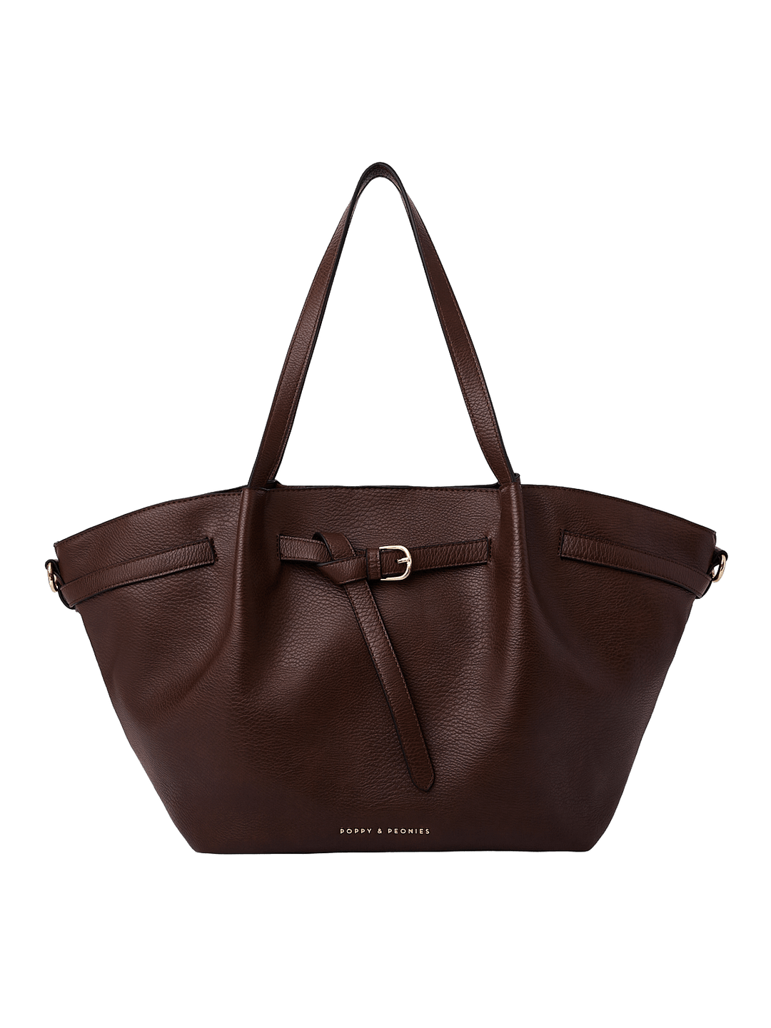 Poppy & Peonies The Knot Tote in Espresso, featuring a deep espresso brown pebbled exterior, decorative belted detail with gold-tone buckle, long shoulder straps, and a spacious trapezoid silhouette.