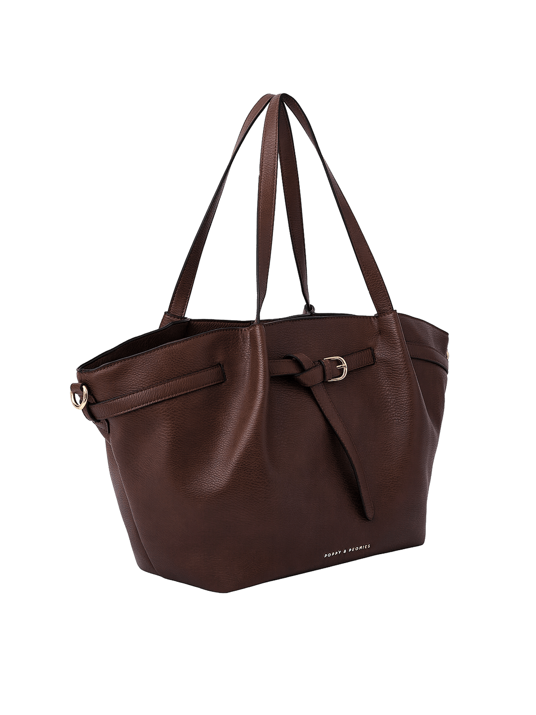 Poppy & Peonies The Knot Tote in Espresso, shown from a three-quarter angle highlighting its roomy trapezoid shape, decorative belted detail, long shoulder straps, and gold-tone hardware.