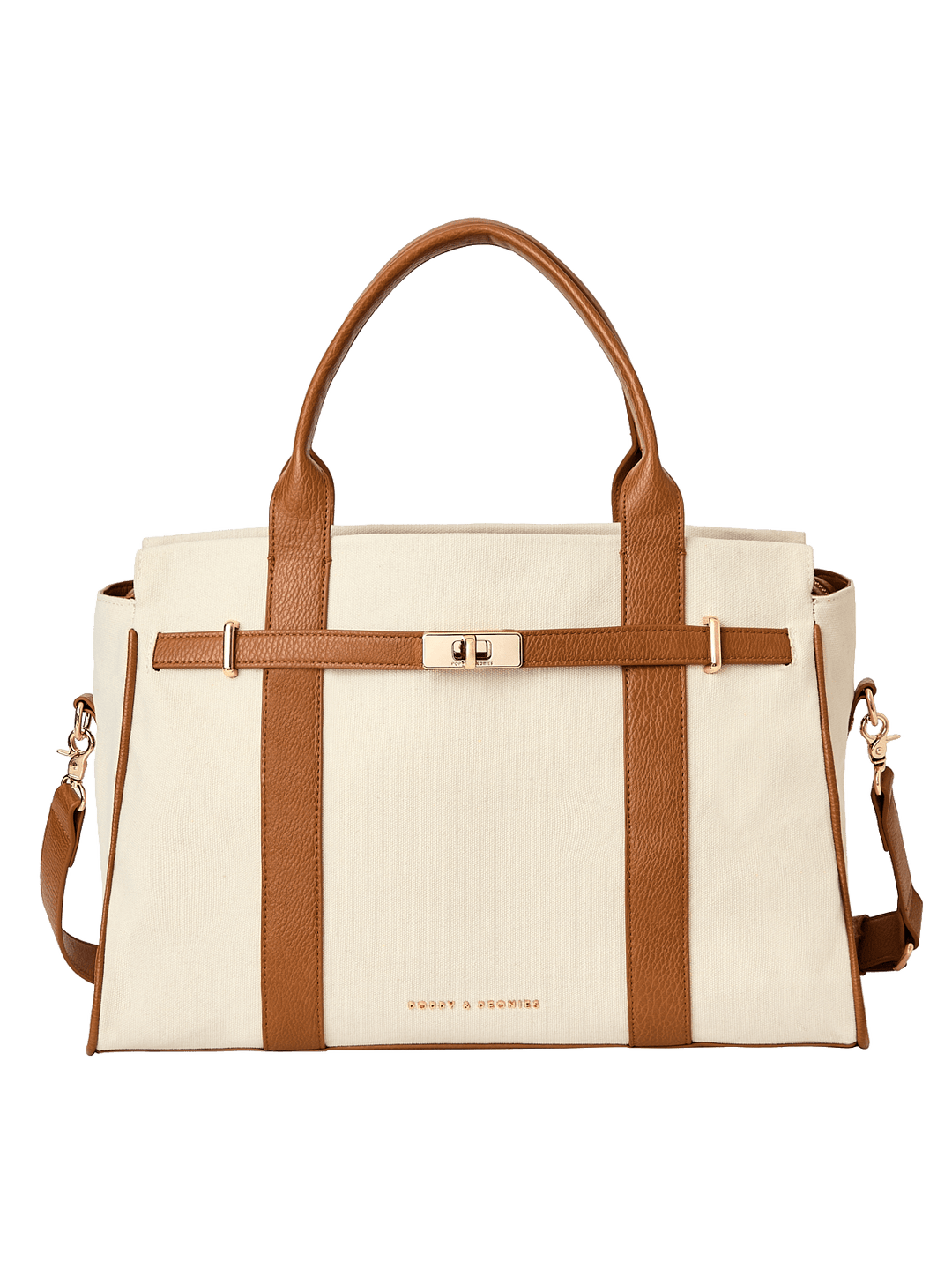 White handbag with brown vegan leather straps and accents 