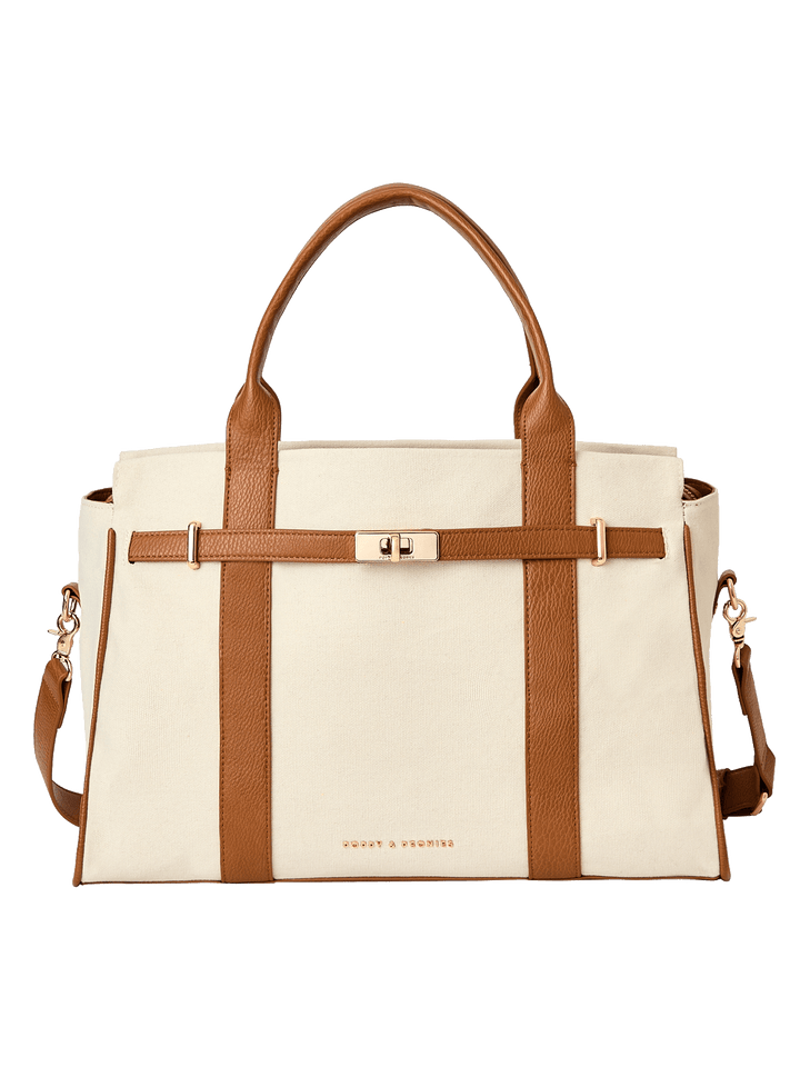 White handbag with brown vegan leather straps and accents 