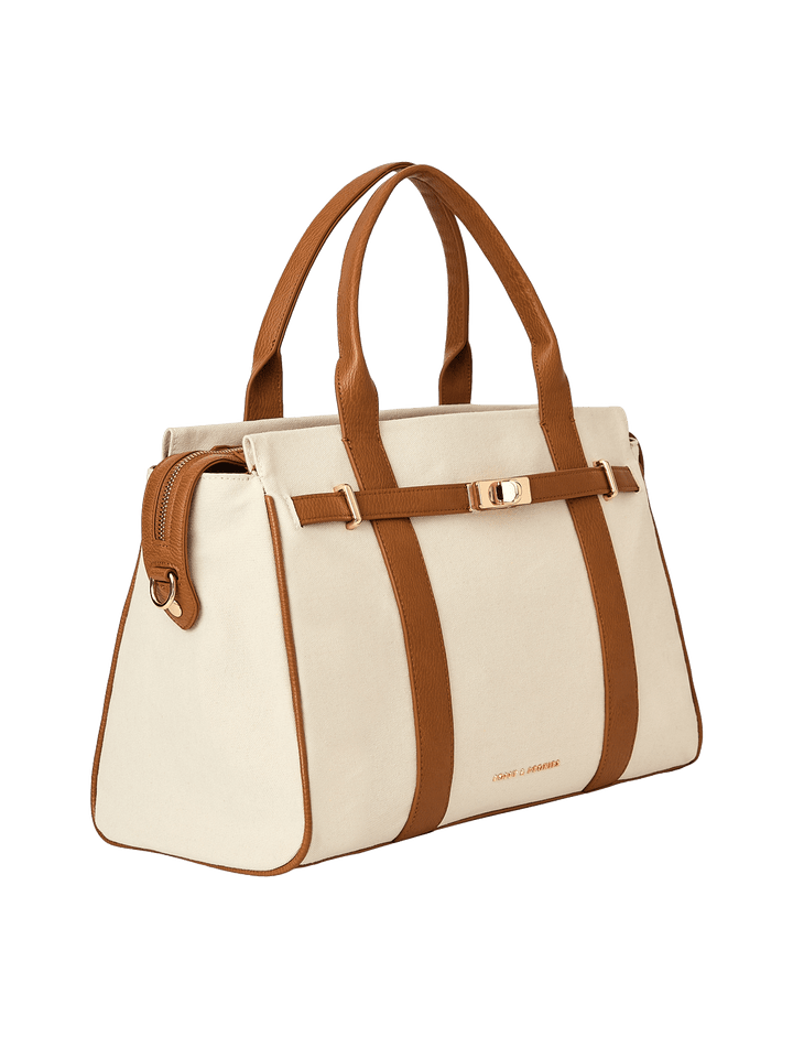 White handbag with brown vegan leather straps and trim