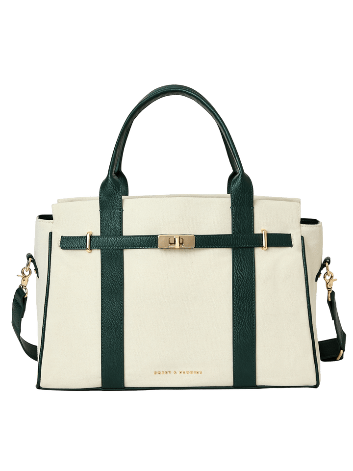 Natural canvas handbag with green straps 